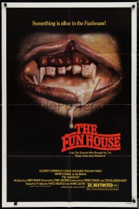 1p1518 FUNHOUSE 1sh 1981 Tobe Hooper, creepy close up of drooling mouth with nasty teeth!