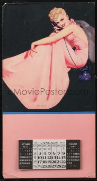 1p0249 GEORGE PETTY 8x15 calendar 1944 George Petty pin-up art of sexy woman wearing pink w/phone!
