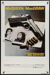 1p1519 GETAWAY 1sh 1972 Steve McQueen, McGraw, Sam Peckinpah, cool gun & passports image!