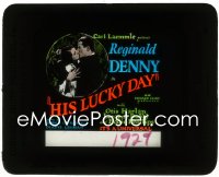 1p1729 HIS LUCKY DAY glass slide 1929 c/u of Reginald Denny kissing Lorayne Duval over calendar!