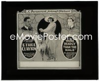 1p1744 MORE DEADLY THAN THE MALE glass slide 1919 pretty Ethel Clayton with two men in her web!