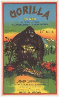 1p1801 GORILLA BRAND 6x10 crate label 1970s supercharged flashlight crackers, cool art!