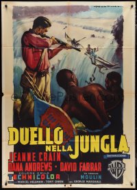 1p0721 DUEL IN THE JUNGLE Italian 1p 1955 different African adventure art by Martinati, ultra rare!