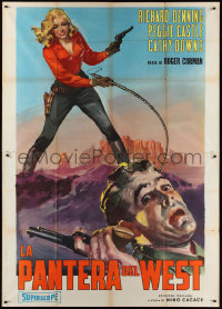 1p0754 OKLAHOMA WOMAN Italian 2p 1961 different full-length art of Peggy Castle choking man w/ whip!