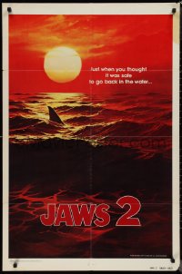 1p1546 JAWS 2 teaser 1sh 1978 shark's fin cutting through ocean at sunset, plus most iconic tagline!