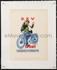 1p0222 LUDWIG HOHLWEIN linen German book page 1930s cool art of man with DKW Sport motorcycle!