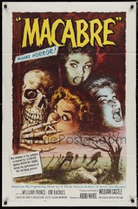 1p1562 MACABRE 1sh 1958 William Castle, Besser art of skeleton & screaming girls in graveyard!