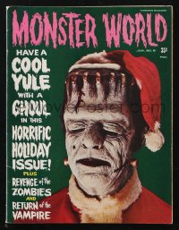 1p1106 MONSTER WORLD magazine January 1966 great image of Frankenstein wearing Santa Claus hat!