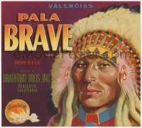 1p1148 PALA BRAVE 10x11 crate label 1940s great art of Native American Indian with Sunkist orange!