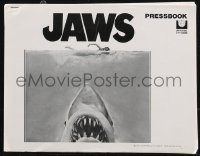 1p1674 JAWS pressbook 1975 art of Steven Spielberg's classic man-eating shark attacking swimmer!