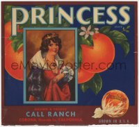 1p1150 PRINCESS 10x11 crate label 1939 art of pretty royal lady with California Sunkist oranges!