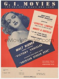 1p1073 G.I. MOVIES 8x11 special poster August 9, 1944 Dorothy Lamour, Disney's Victory Vehicles!