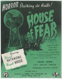 1p1192 HOUSE OF FEAR English trade ad 1944 Basil Rathbone as Sherlock Holmes, Nigel Bruce as Watson