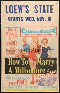 1p0460 HOW TO MARRY A MILLIONAIRE WC 1953 full-length sexy Marilyn Monroe, Grable & Lauren Bacall!