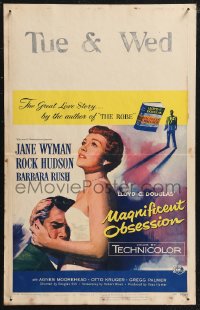 1p0478 MAGNIFICENT OBSESSION WC 1954 artwork of Jane Wyman holding Rock Hudson, Douglas Sirk