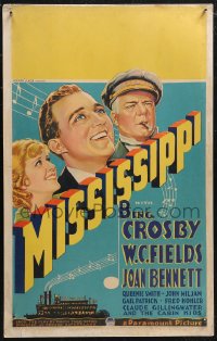 1p0482 MISSISSIPPI WC 1935 art of Bing Crosby, Joan Bennett, W.C. Fields with cigar & riverboat!