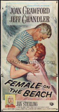 1t0215 FEMALE ON THE BEACH 3sh 1955 romantic art of scared Joan Crawford embracing Jeff Chandler!