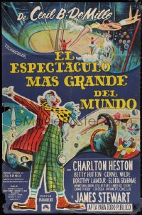 1t0120 GREATEST SHOW ON EARTH Argentinean R1960s art of clown James Stewart over circus montage!