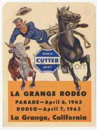 1t0466 LA GRANGE RODEO 5x6 Cutter Vaccine flyer 1963 art of bulldogger leaping from horse to steer!