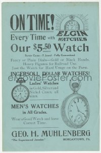 1t0471 ON TIME EVERY TIME 6x10 flyer 1920s Elgin Watches, Ingersoll Dollar Watches, ladies' watches!