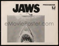 1t0161 JAWS pressbook 1975 art of Steven Spielberg's classic man-eating shark attacking sexy swimmer!