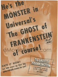 1t0083 GHOST OF FRANKENSTEIN trade ad 1942 huge close up of monster Lon Chaney Jr.!