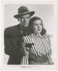 1y2047 RAILROADED 8.25x10 still 1947 John Ireland with gun protecting Sheila Ryan, Anthony Mann!