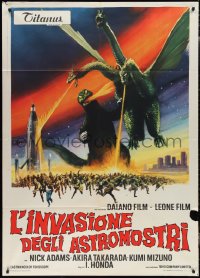 1y0203 INVASION OF ASTRO-MONSTER Italian 1p 1970 Toho, different art of monsters from space fighting!