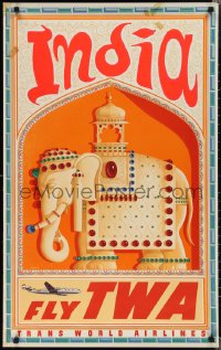 1z0111 TWA INDIA 25x40 travel poster 1950s gorgeous David Klein artwork of bejewled elephant!