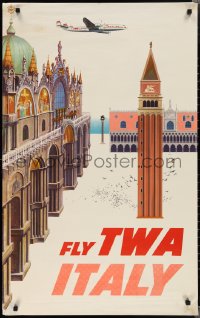 1z0112 TWA ITALY 25x40 travel poster 1960s Klein art of plane over Piazza San Marco in Venice!