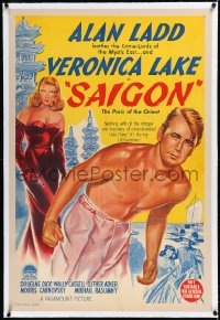 2a0618 SAIGON linen Aust 1sh 1948 close up art of barechested Alan Ladd & sexy Veronica Lake, rare!