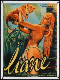 2a0717 LIANE JUNGLE GODDESS linen French 23x31 1957 art of 16 year-old Marion Michael, ultra rare!