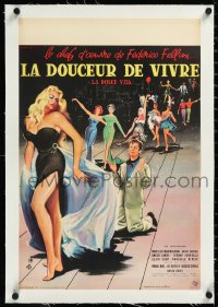 2a0723 LA DOLCE VITA linen French 16x26 1960 Federico Fellini, Mastroianni, sexy Ekberg by Yves Thos!