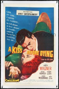 2a0953 KISS BEFORE DYING linen 1sh 1956 great romantic c/u art of Robert Wagner & Joanne Woodward!