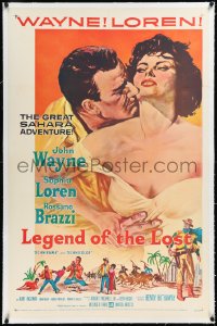 2a0957 LEGEND OF THE LOST linen 1sh 1957 art of John Wayne & sexy Sophia Loren, Sahara adventure!