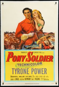 2a1011 PONY SOLDIER linen 1sh 1952 art of Royal Canadian Mountie Tyrone Power & Penny Edwards!