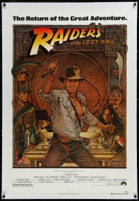 2a1016 RAIDERS OF THE LOST ARK linen 1sh R1982 great Richard Amsel art of adventurer Harrison Ford!