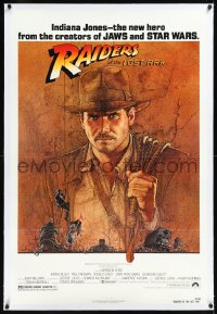 2a1017 RAIDERS OF THE LOST ARK linen 1sh 1981 great art of adventurer Harrison Ford by Richard Amsel