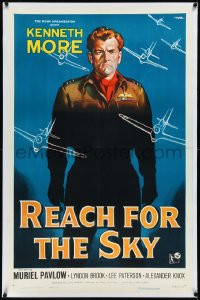 2a1019 REACH FOR THE SKY linen 1sh 1957 art of English pilot Kenneth More + RAF airplanes by Nistri!