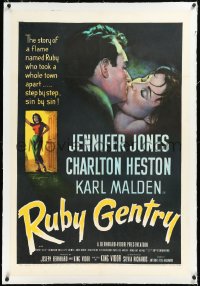 2a1030 RUBY GENTRY linen 1sh 1953 art of super sleazy bad girl Jennifer Jones kissing Charlton Heston!