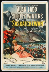 2a1034 SASKATCHEWAN linen 1sh 1954 great art of Mountie Alan Ladd & sexy Shelley Winters in Canada!