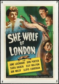 2a1039 SHE-WOLF OF LONDON linen 1sh 1946 cool art of spooky female hooded phantom + cast headshots!