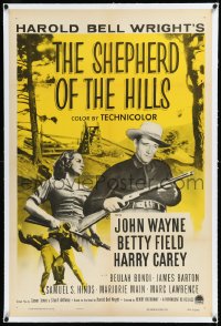 2a1040 SHEPHERD OF THE HILLS linen 1sh R1955 John Wayne, Betty Field, from Harold Bell Wright novel!