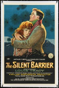 2a1044 SILENT BARRIER linen 1sh 1920 cool romantic stone litho, from the novel by Louis Tracy!