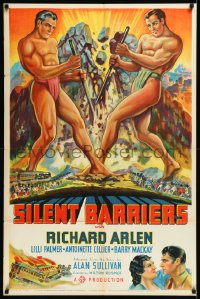 2a0460 SILENT BARRIERS style B 1sh 1937 great Fred Kulz art of two giants tearing apart mountain!