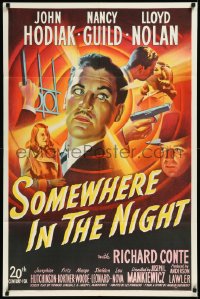 2a0462 SOMEWHERE IN THE NIGHT 1sh 1946 amnesiac John Hodiak, Nancy Guild, cool noir art montage!