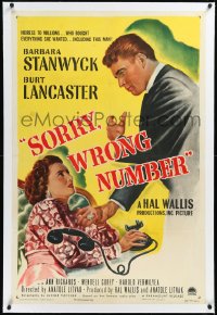 2a1052 SORRY WRONG NUMBER linen 1sh 1948 art of Burt Lancaster about to backhand Barbara Stanwyck!