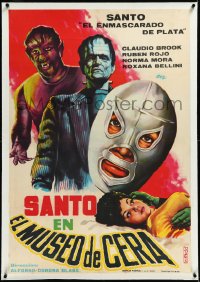 2a0655 SANTO EN EL MUSEO DE CERA linen Spanish 1964 art of masked wrestler, Frankenstein & Wolfman!