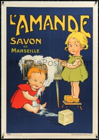 2a0737 L'AMANDE linen 28x40 Italian advertising poster 1950 art of kids using laundry soap, rare!