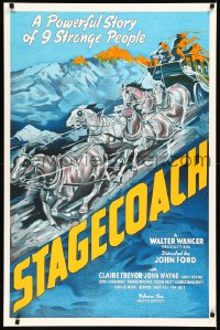 2a0302 STAGECOACH S2 poster 2000 John Ford, John Wayne, artwork of rushing stagecoach and horses!